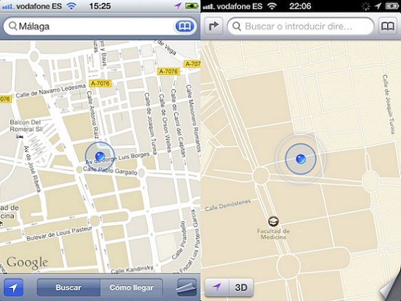 Resultado de la misma búsqueda hecha con Google Maps (a la izquierda) y con los Mapas de Apple (a la derecha)