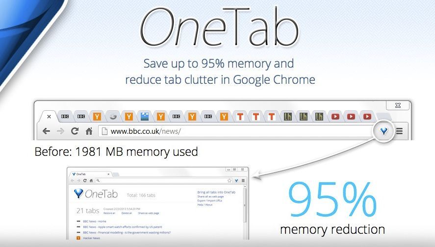 OneTab instantly frees up to 95 percent of memory in Google Chrome