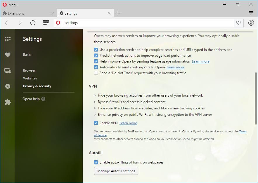 Opera Browser VPN Settings on Windows