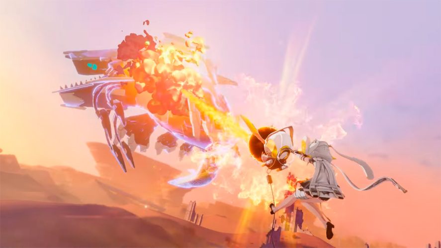 Screenshot from Tower of Fantasy with a female character using a weapon to destroy what looks like a ship