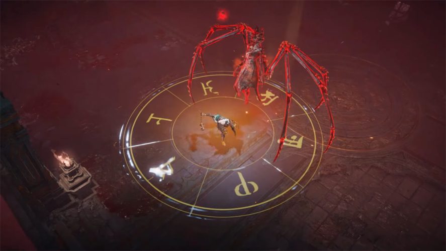 Diablo Immortal screenshot of a character in the middle of a rune circle, and a spider-like creature above them