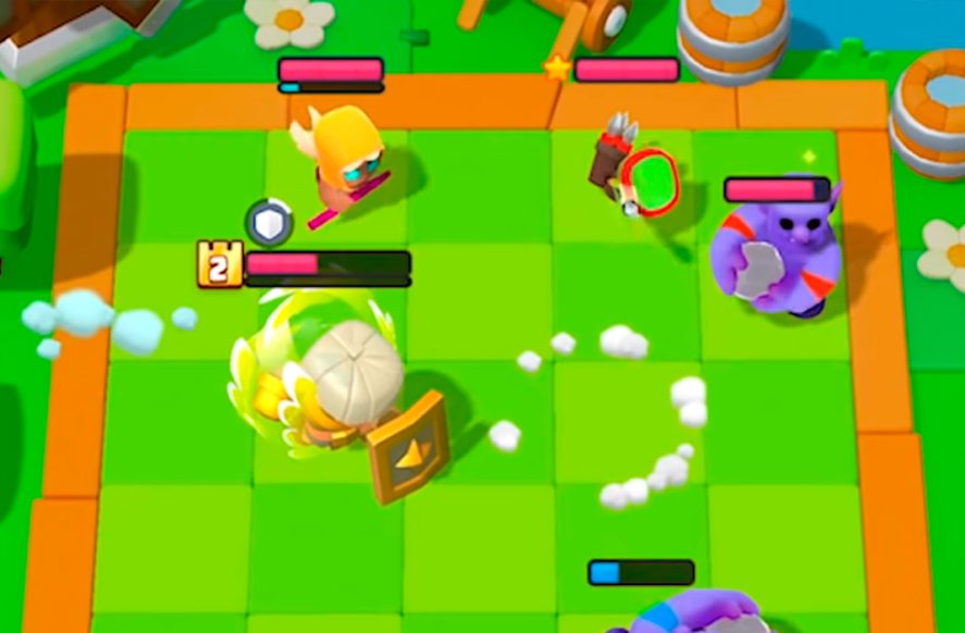 Clash Mini screenshot showing three characters on a tiled battlefield
