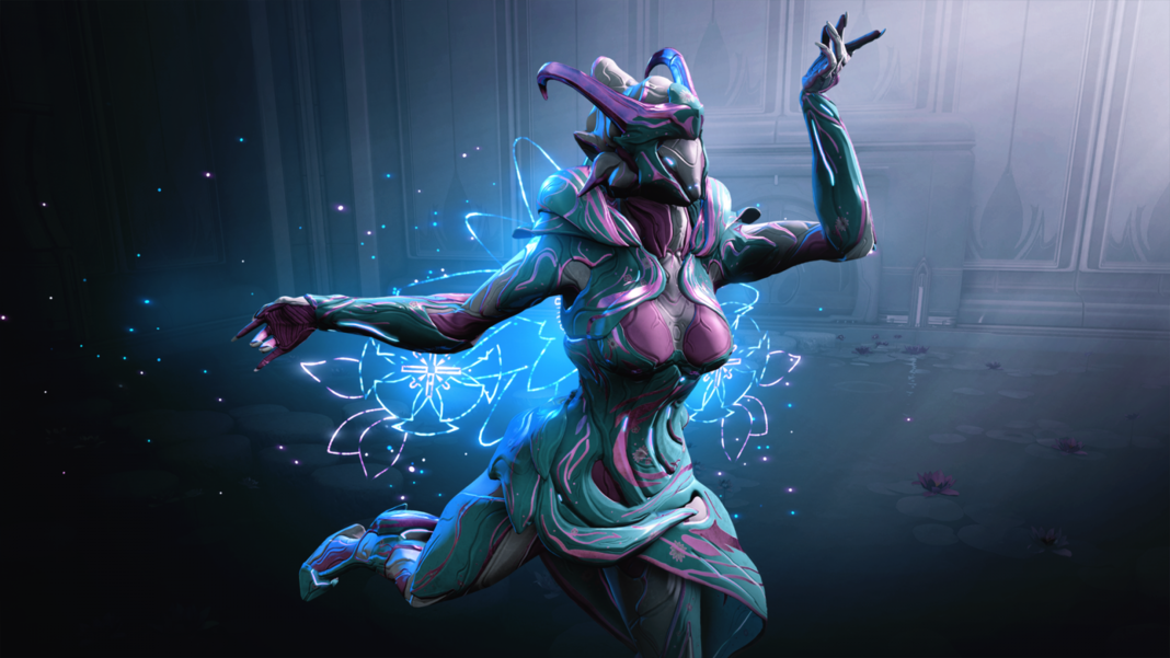 Warframe Mobile: promo image of a purple character.