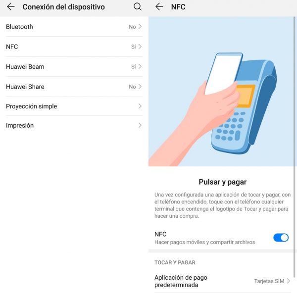 NFC settings on a Huawei smartphone