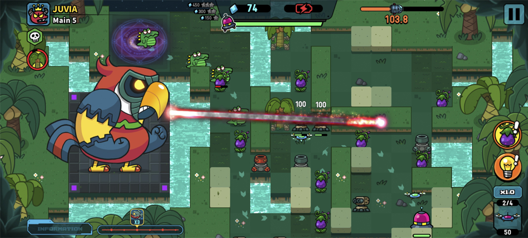 Broken Universe: Tower Defense's parrot-warrior boss performing an attack 