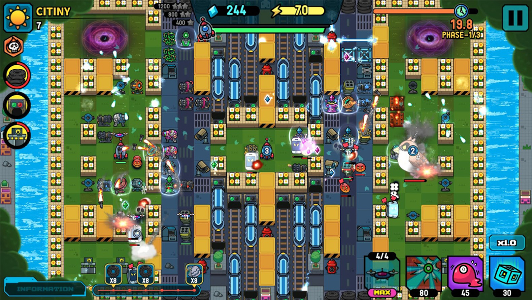 Broken Universe: Tower Defense screenshot showing different attacks throughout the map