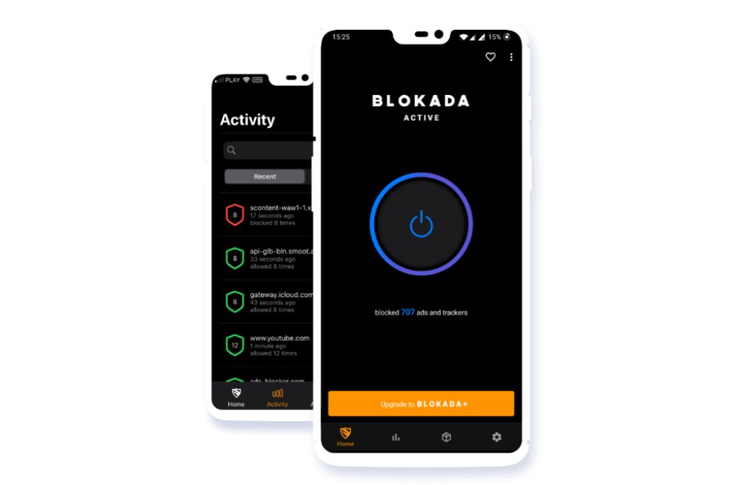 One smartphone with the Blokada activity and the other with the button to activate or deactivate the application.