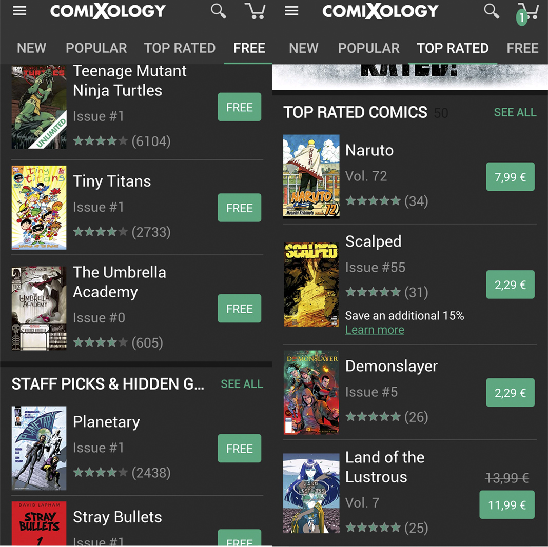 Comixology App screen showing free titles