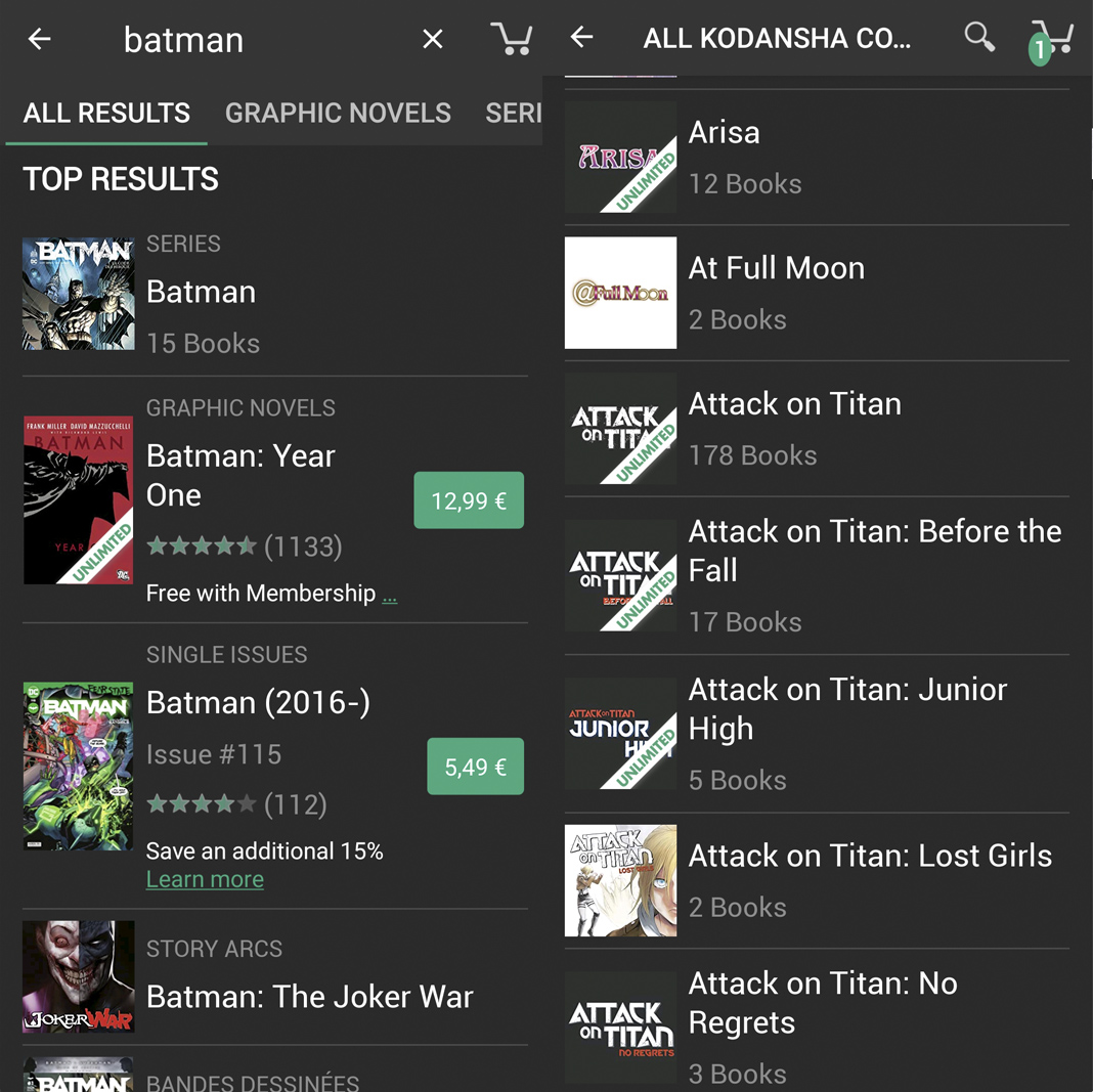 Comixology App screen showing batman search results