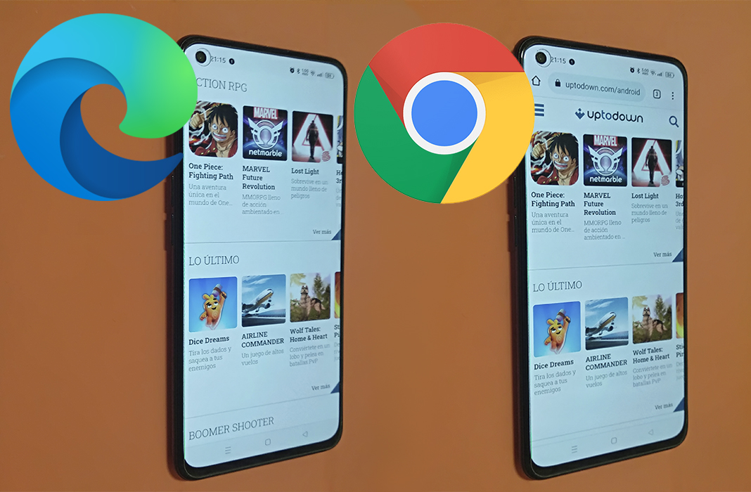 Two mobiles with Microsoft Edge and Chrome icons
