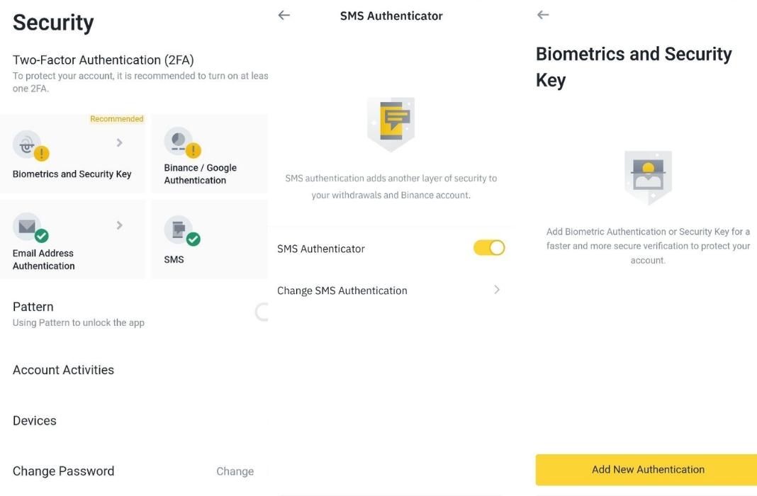 Binance: Security section, 2FA and biometrics options