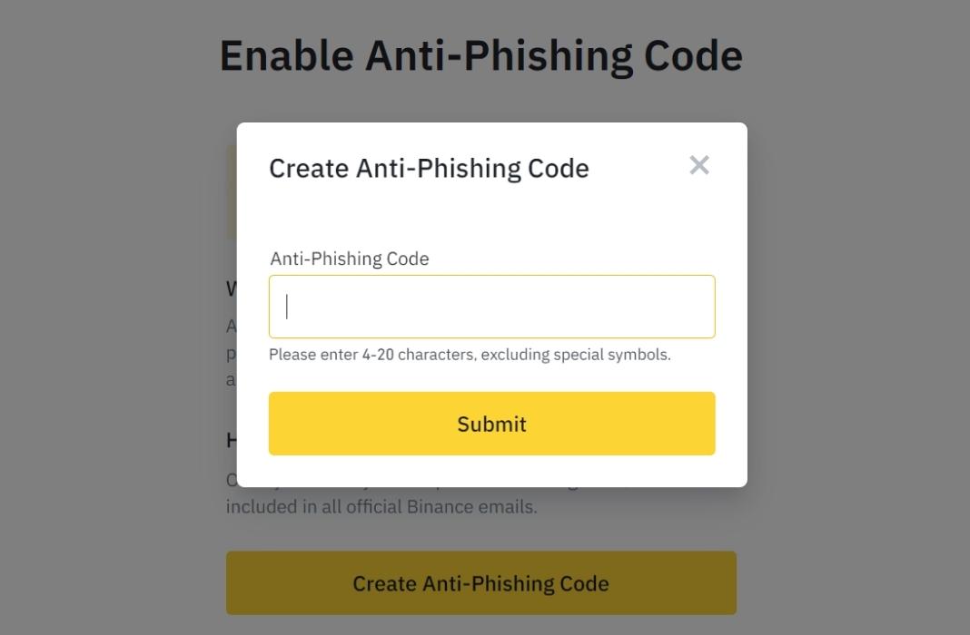 Binance: Anti-Phishing Code creation