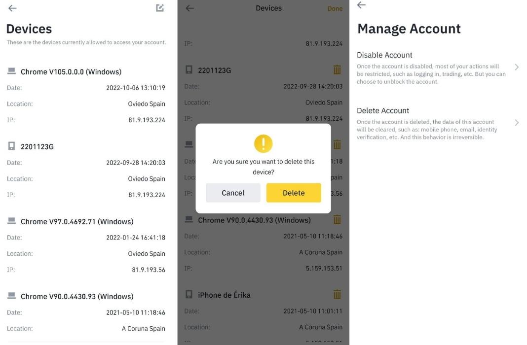 Binance: Devices list and managing options