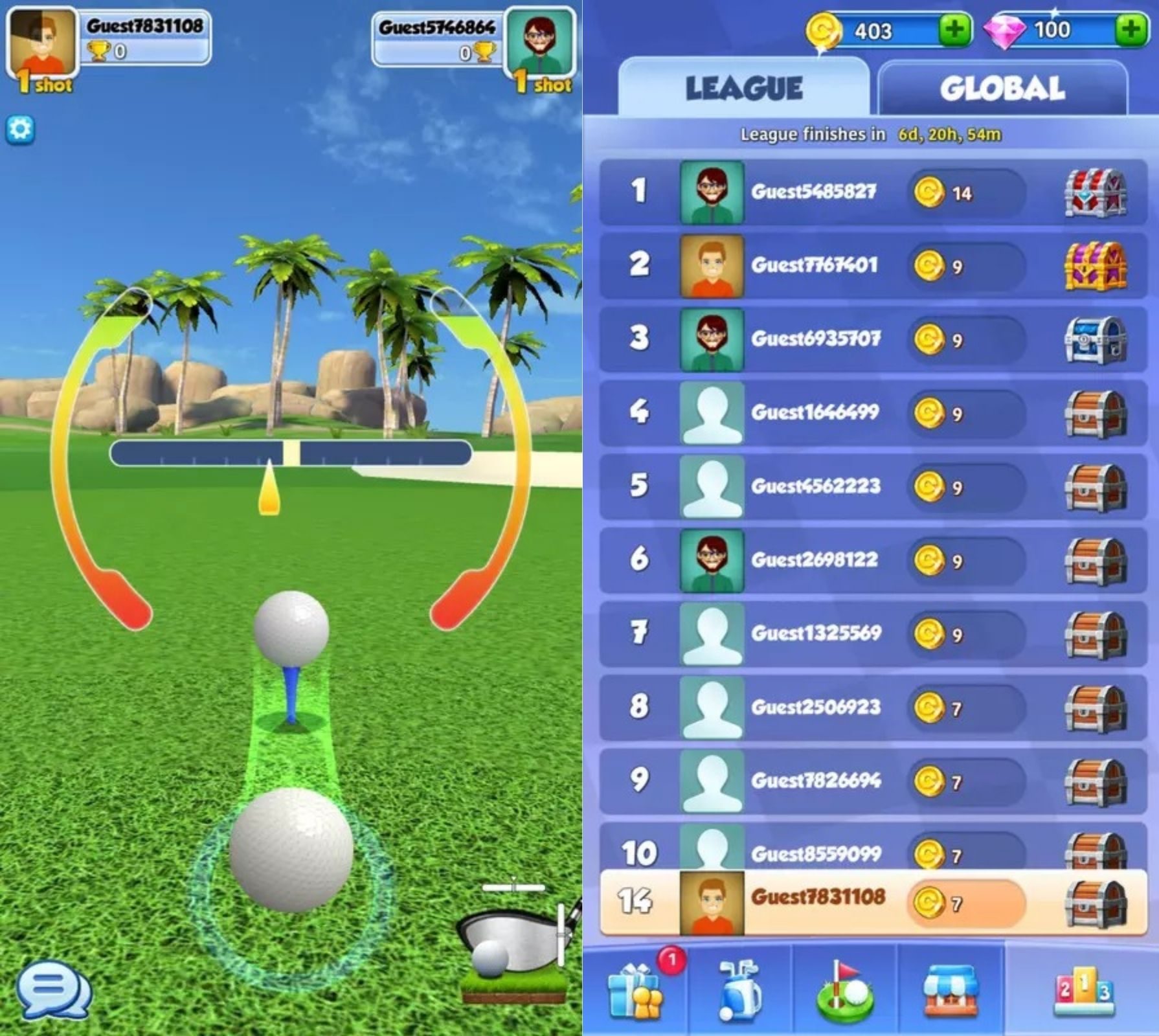 Golf Rival screenshots: Close-up of a golf ball and players ranking