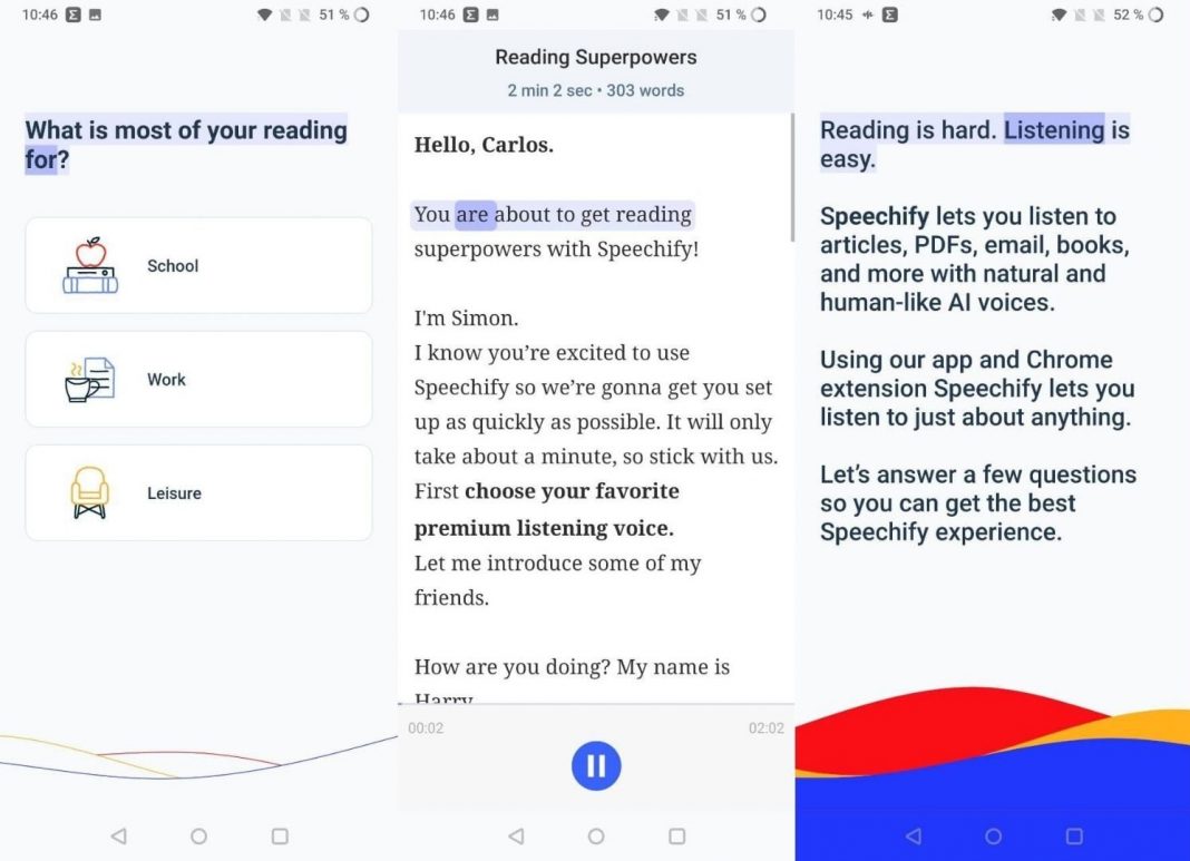 Screenshots of Speechify app