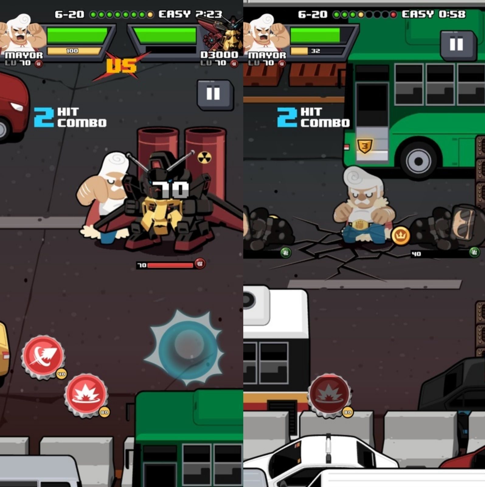 Brawl Quest: two screenshots of an old but strong guy beating his rivals