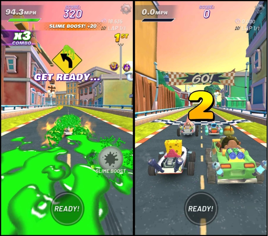 Two screenshots of Nickelodeon characters in a kart racing game