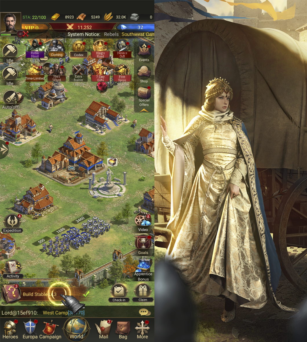 Empire: Rising Civilizations: two screenshots. On the left, the edification of a village, whereas one the right is Guinevere dressed in gold.