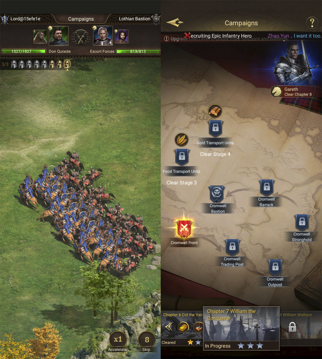 Empire: Rising Civilizations: two screenshots showing army formations and trade routes.