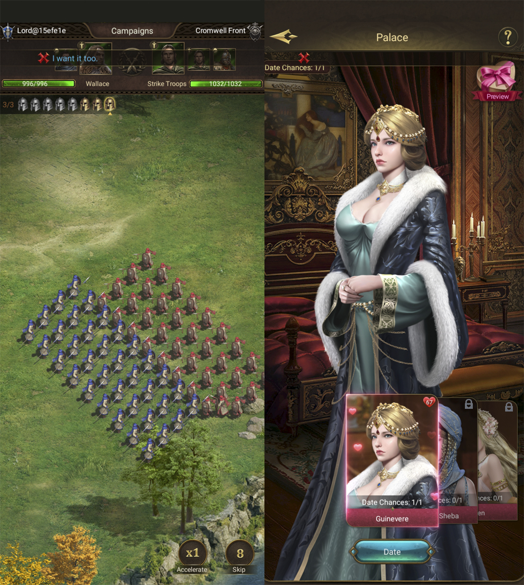 Empire: Rising Civilizations: two screenshots showing an army on the left and Guinevere at the Palace dressed in blue on the right.