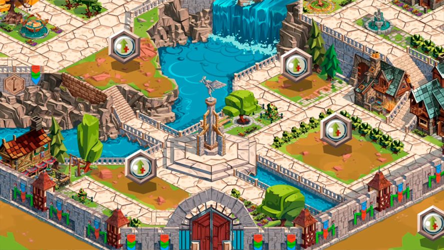 Empire: Four Kingdoms in-game screenshot of a city with cascades and many buildings