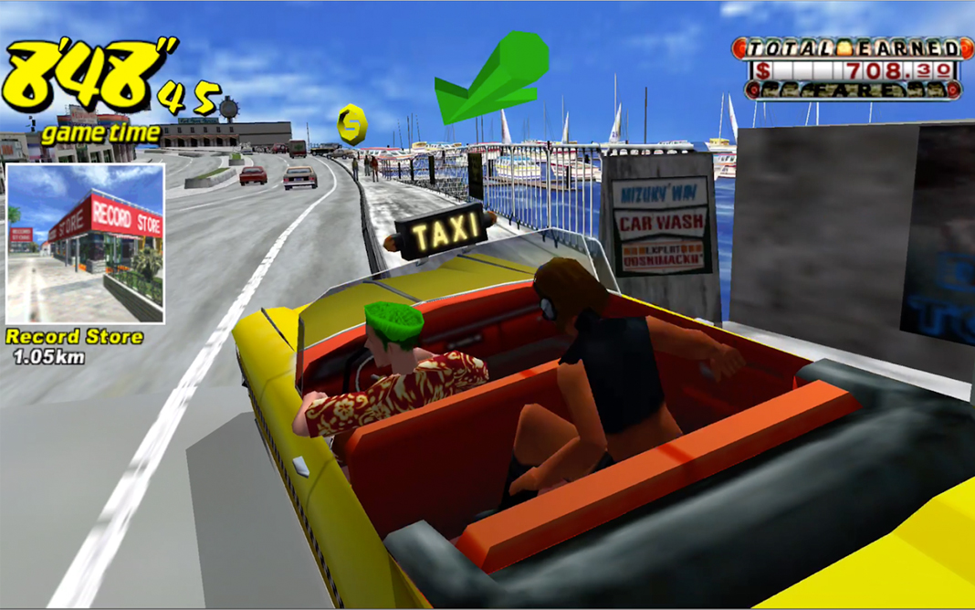 Car racing game emulator showing a yellow taxi