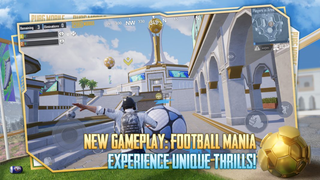 Image promoting Football Mania, with a PUBG character aiming the ball at a golden building