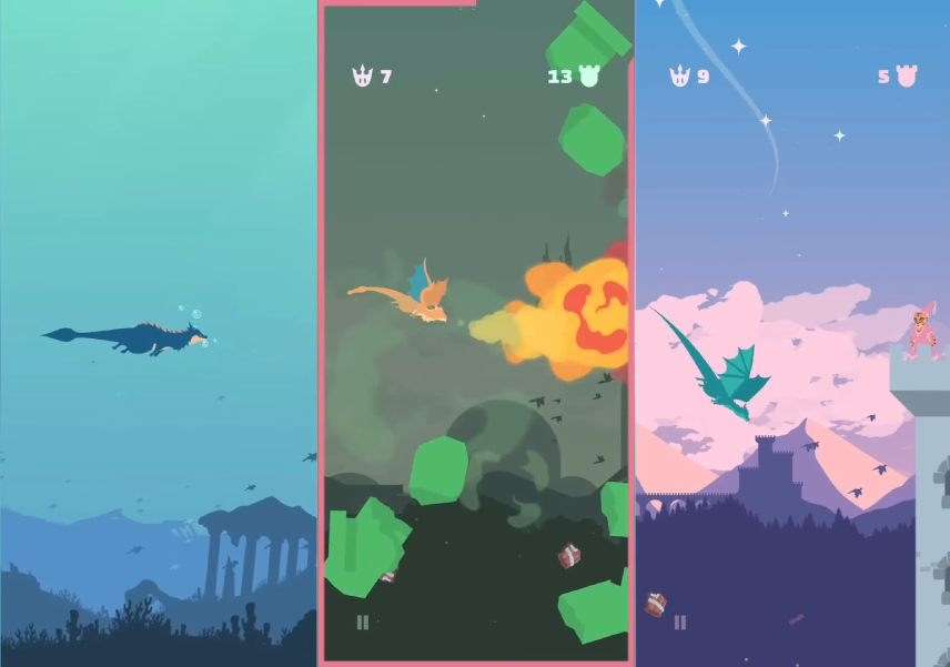 Flappy Dragon: three screenshots of dragons flying at night, spitting fire and gliding over a city