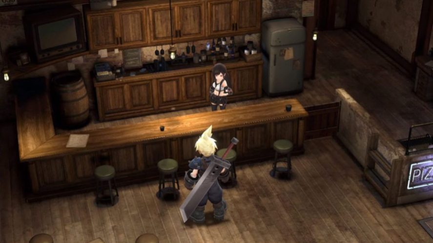Final Fantasy VII: blond character at the bar of a tavern, with the barmaid on the other side.