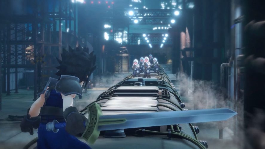 Final Fantasy VII: character on top of a train facing several opponents.