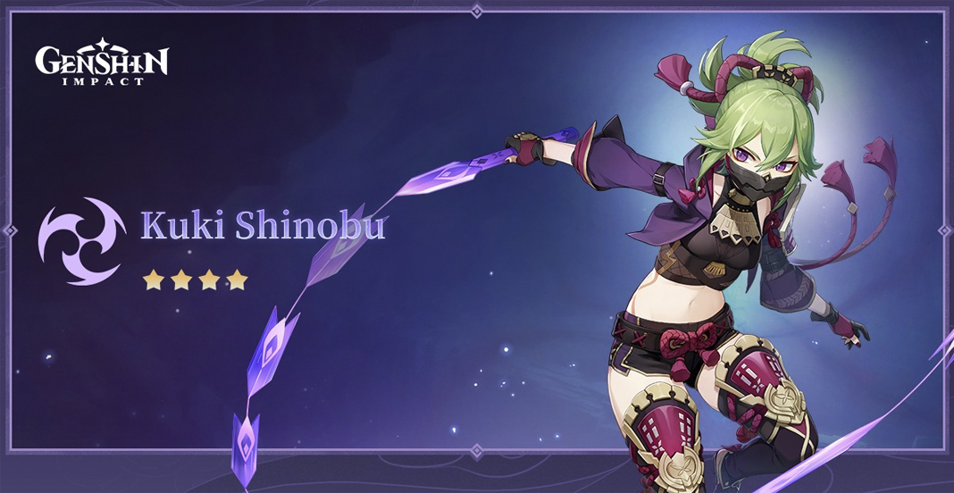 Genshin Impact 2.7 update: Kuki Shinobu character. Green-haired woman in brown shorts and top, purple jacket and fucsia boots, gloves and bows.