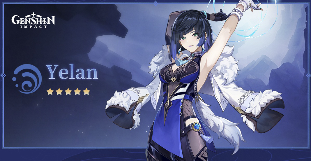 Genshin Impact 2.7 update: Yelan character image. Dark-haired young woman on dark blue clothes.
