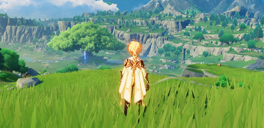 Female character of Genshin Impact contemplating a green meadow landscape
