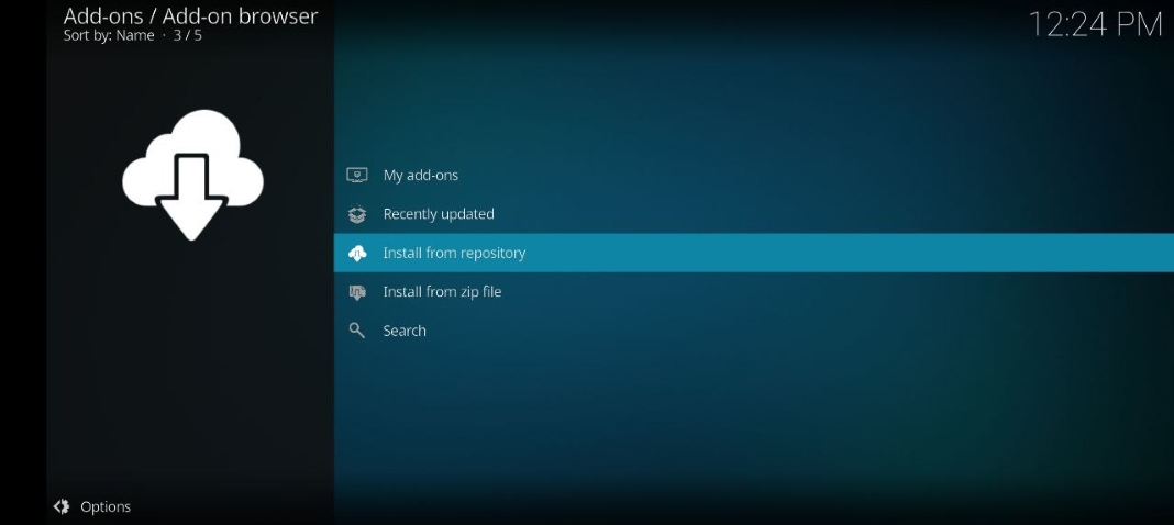 Kodi screenshot with Install from repository option highlighted