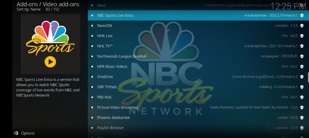 Kodi screenshot with NBC Sports Live Extra add-on highlighted