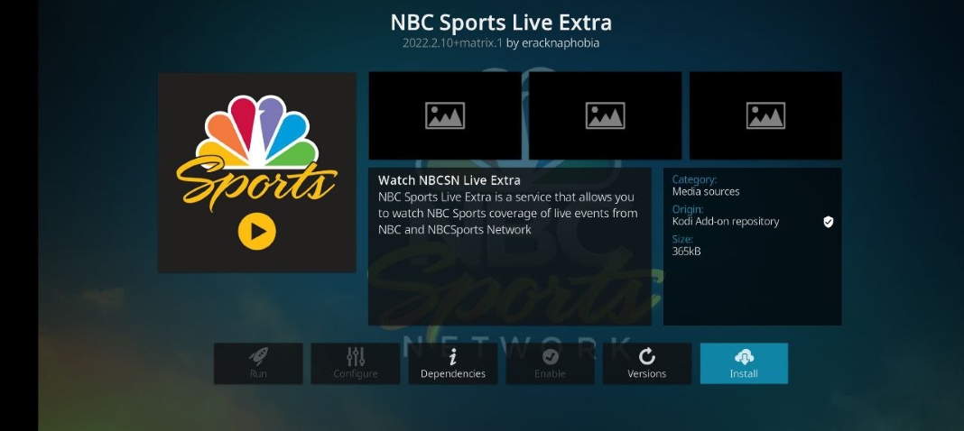 Kodi screenshot with NBC Sports Live Extra add-on open and Install button highlighted