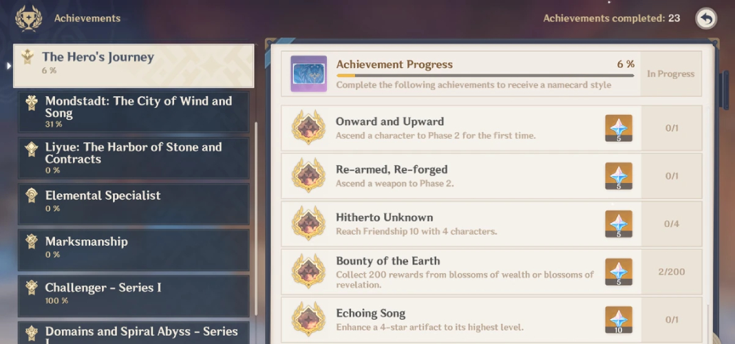 Genshin Impact Achievements menu