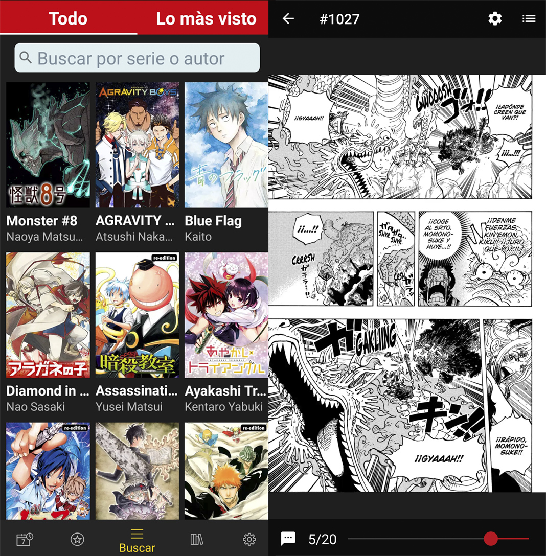 Manga Plus App showing search result titles