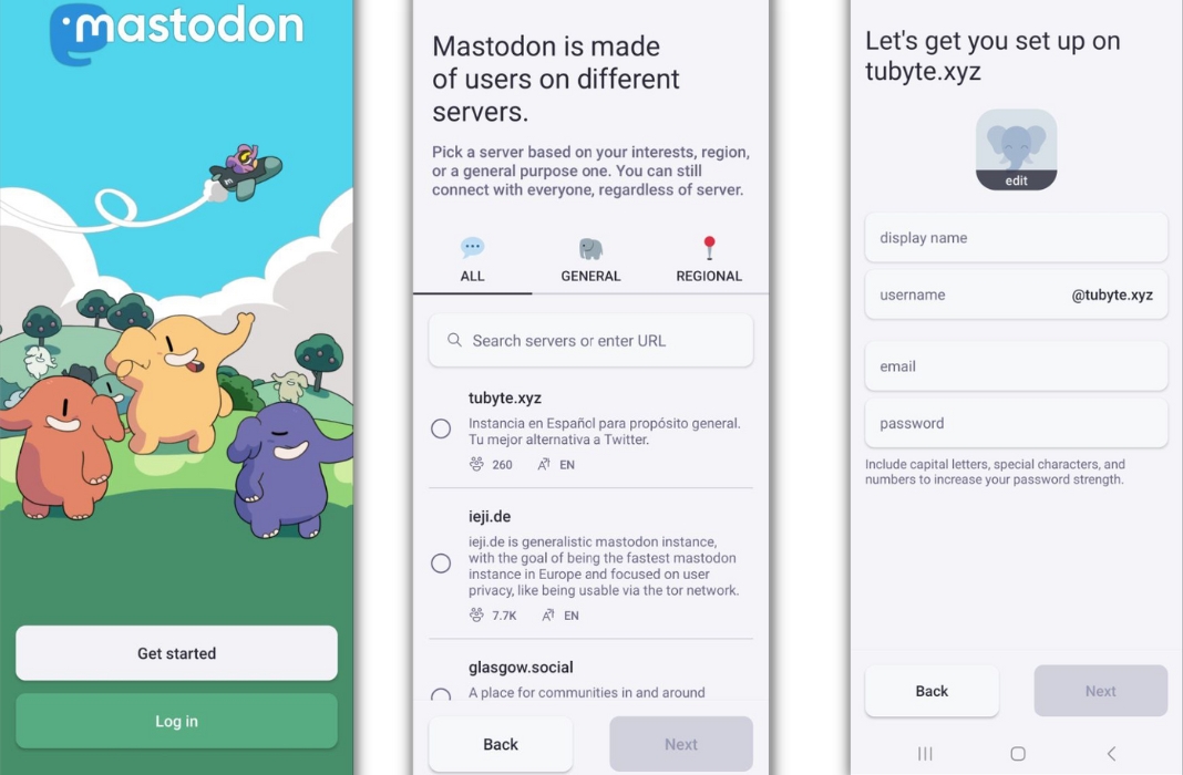 Screenshots showing the first steps to use Mastodon.