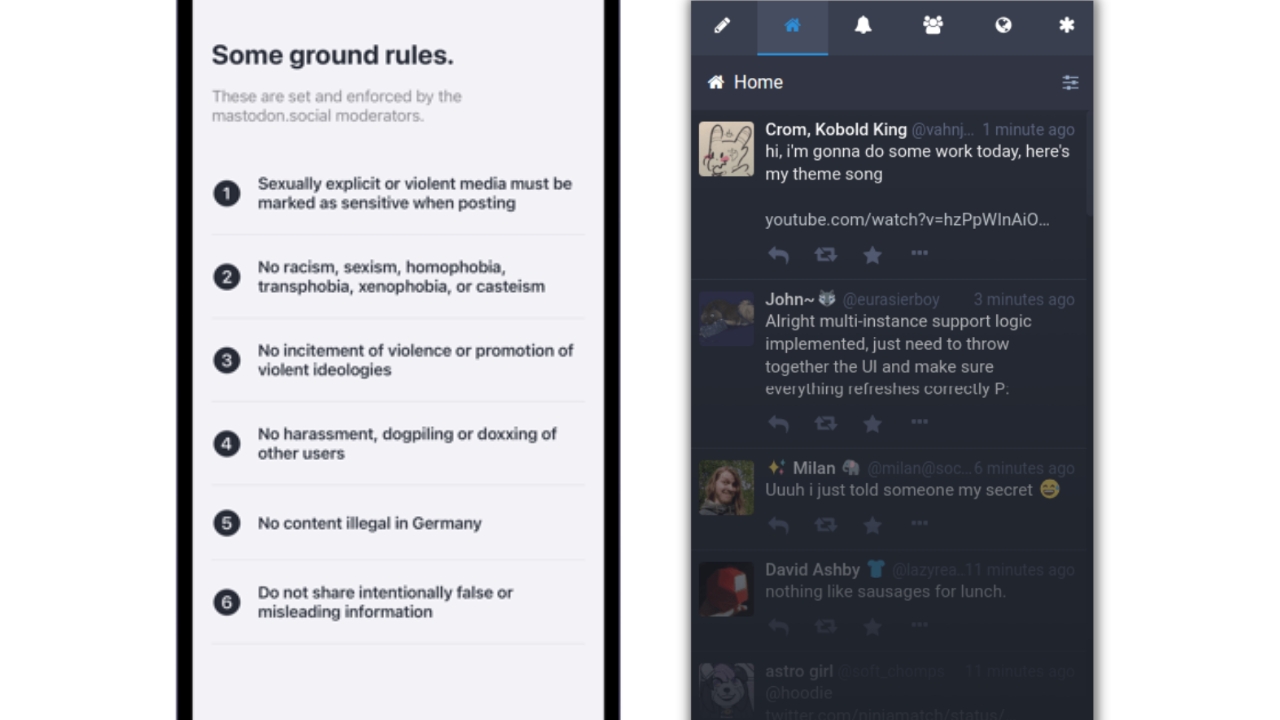 Mastodon's ground rules and Home page.