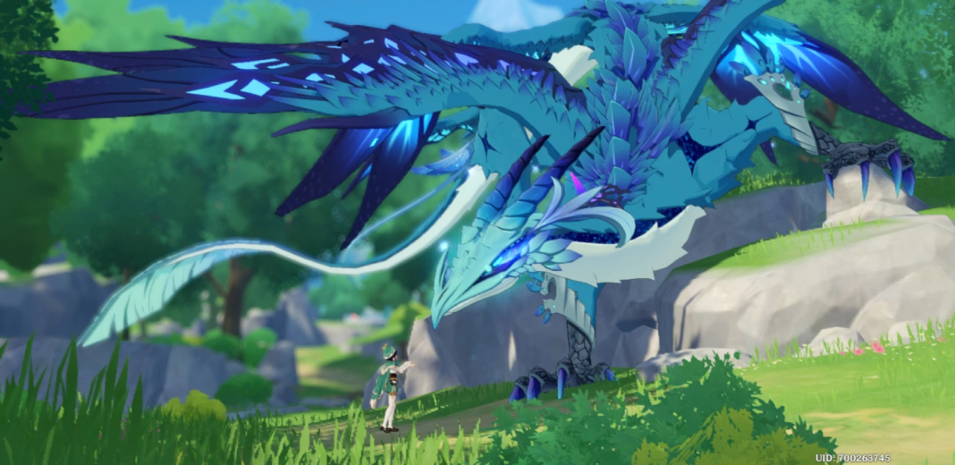 Screenshot of a main mission of Genshin Impact. Large blue creature and female character in a forest landscape