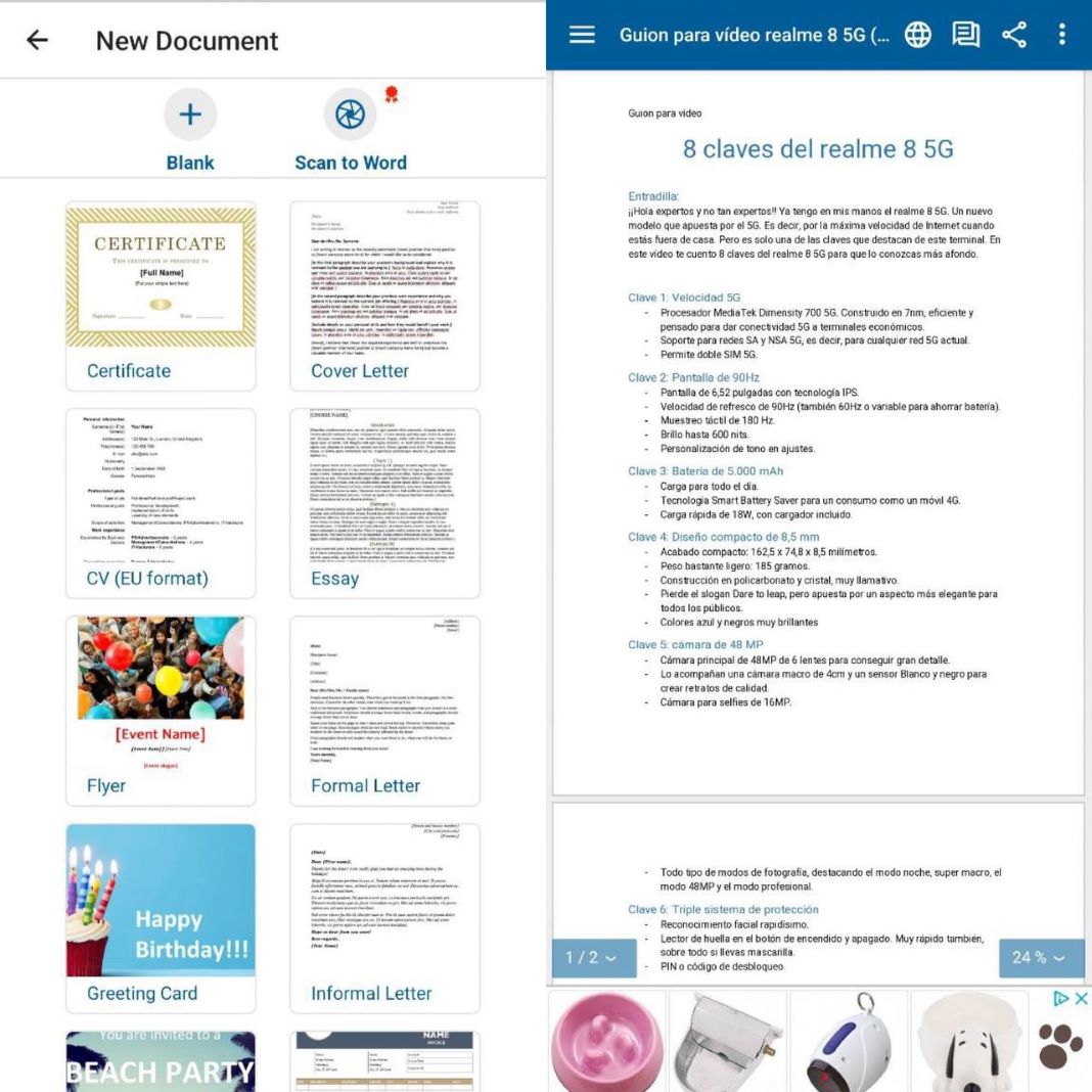 OfficeSuite: two smartphone screenshots showing both the New document menu and a document's preview