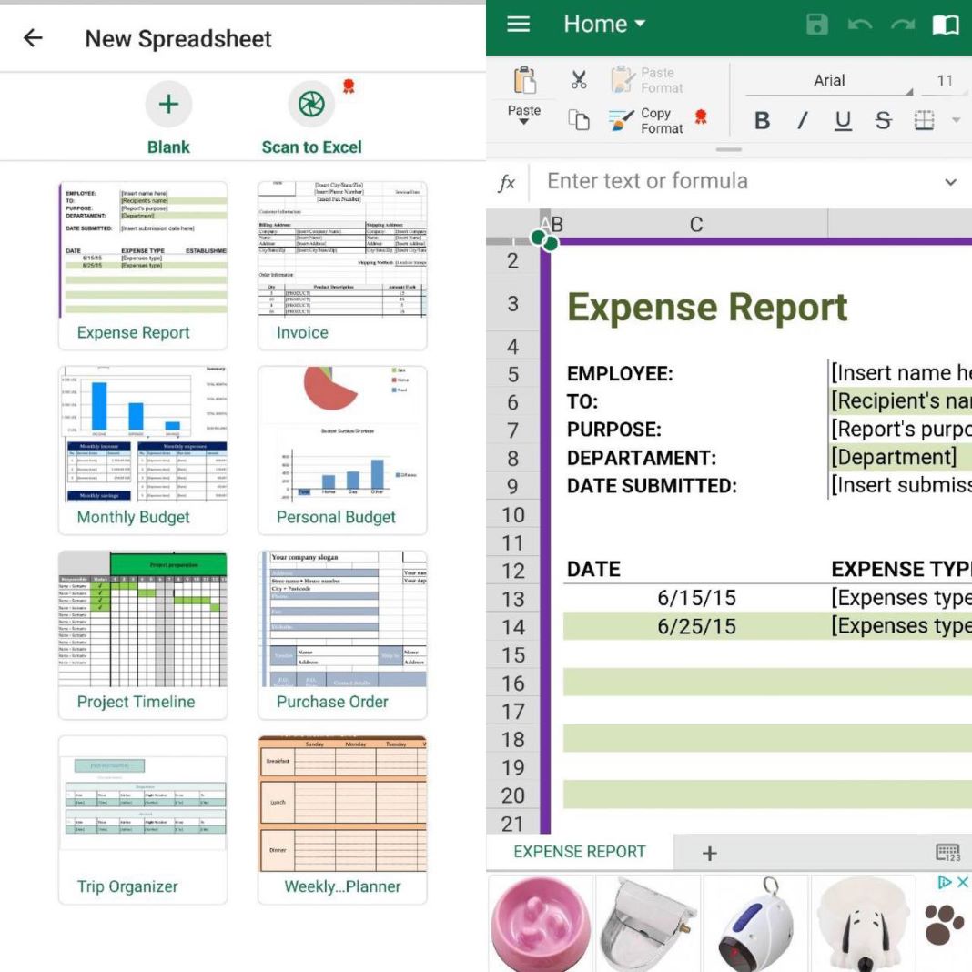 OfficeSuite: two smartphone screenshots showing both the New Spreadsheet menu and a sheet's editor
