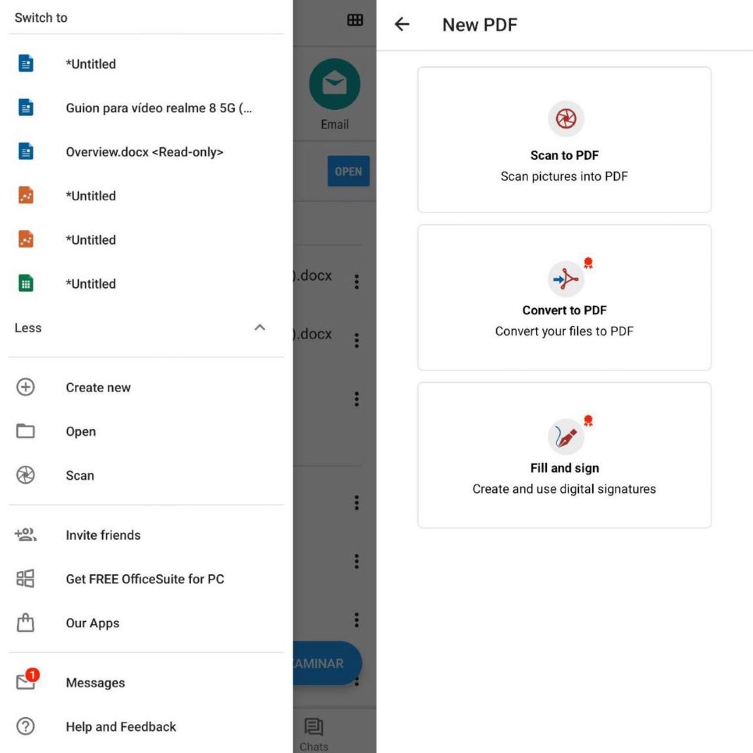 OfficeSuite: two smartphone screenshots showing both the Home menu and the New PDF features 