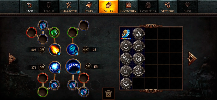 Path of Exile in-game screenshot showing a character's skills