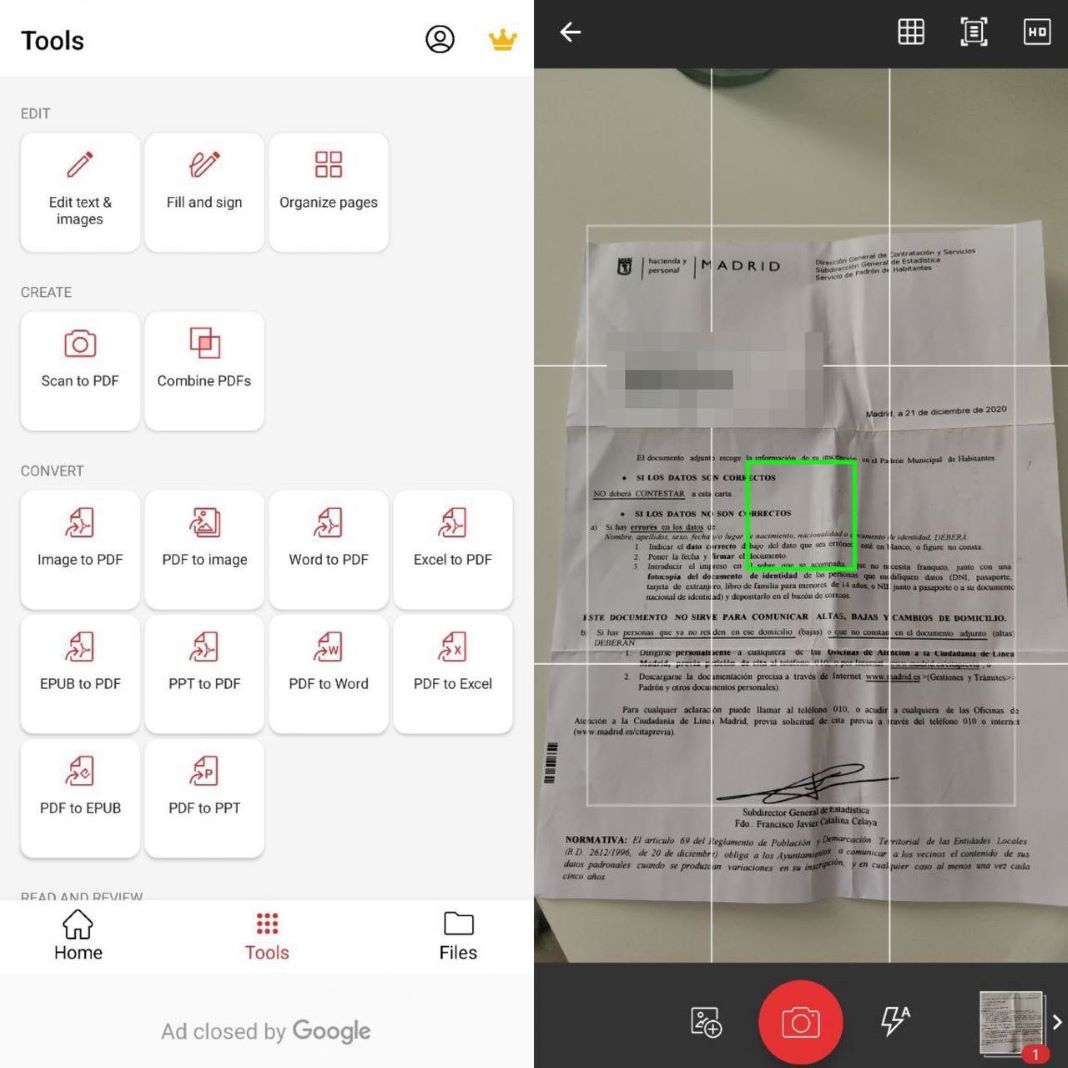 Two images: Screenshot of Quick PDF Scanner Free Tools menu and mobile camera framing a document