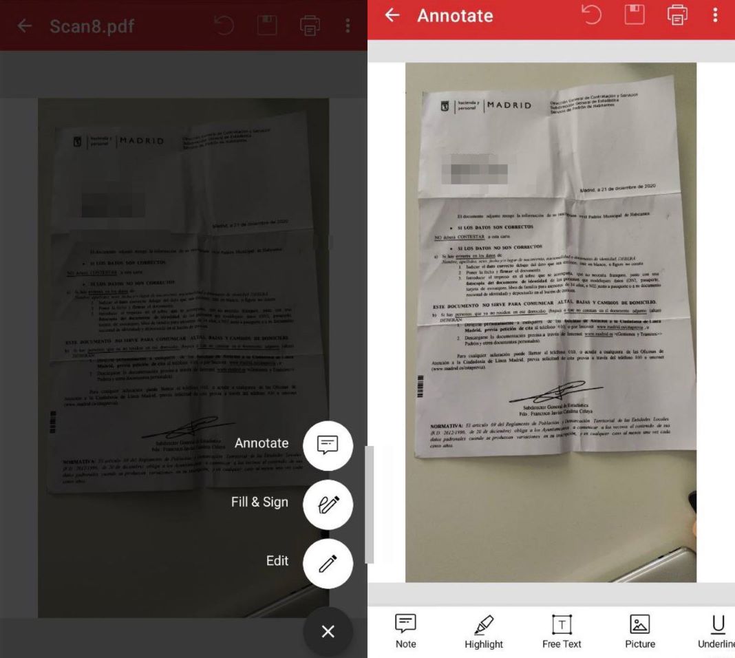 Two images of a scanned document with annotation options