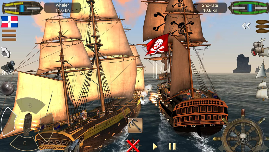 Ship hunting a boat with a red pirate flag