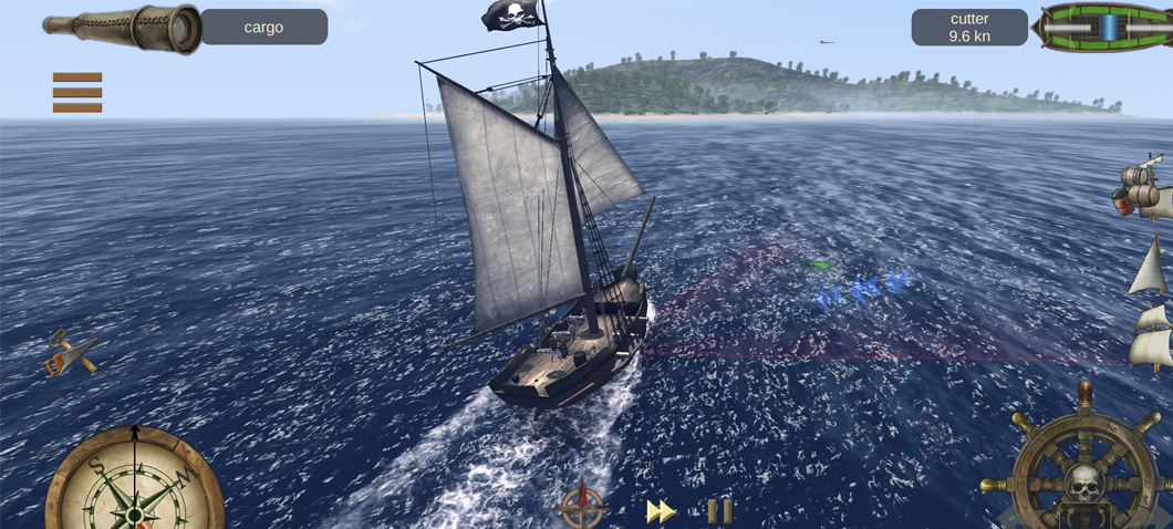 Small pirate ship sailing towards an island