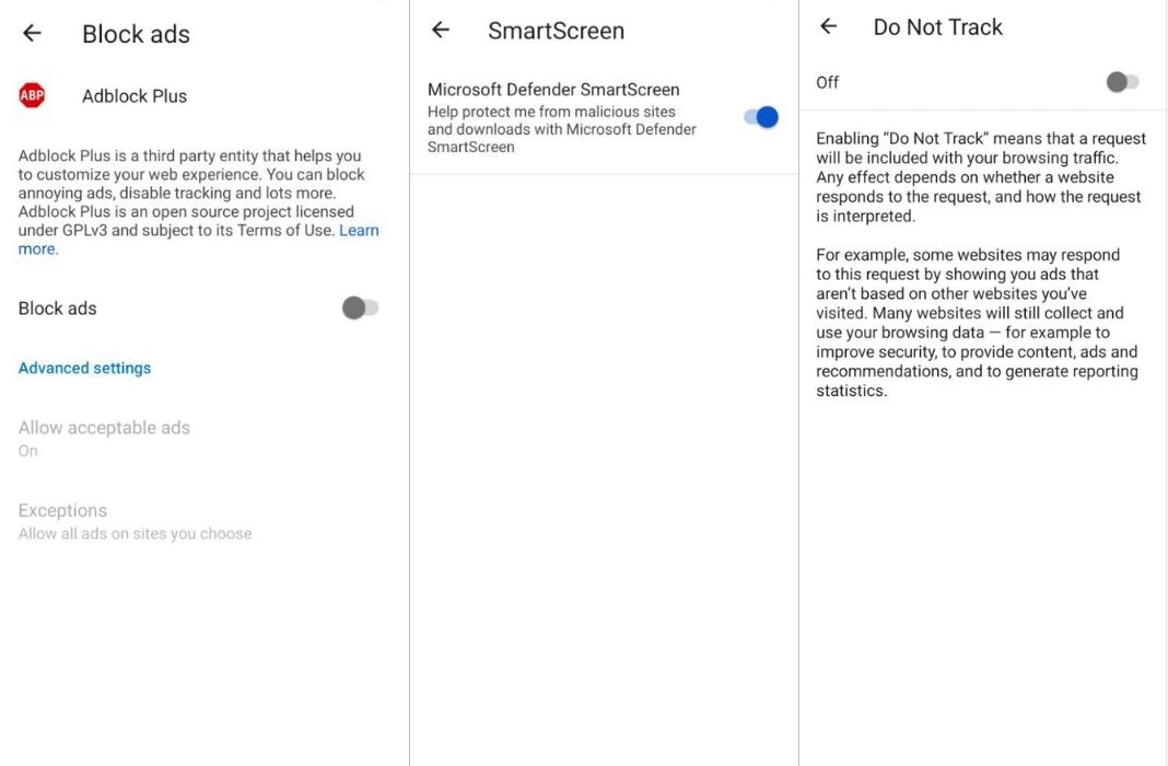 Microsoft Edge: ad blocker, smartscreen and track blocker features